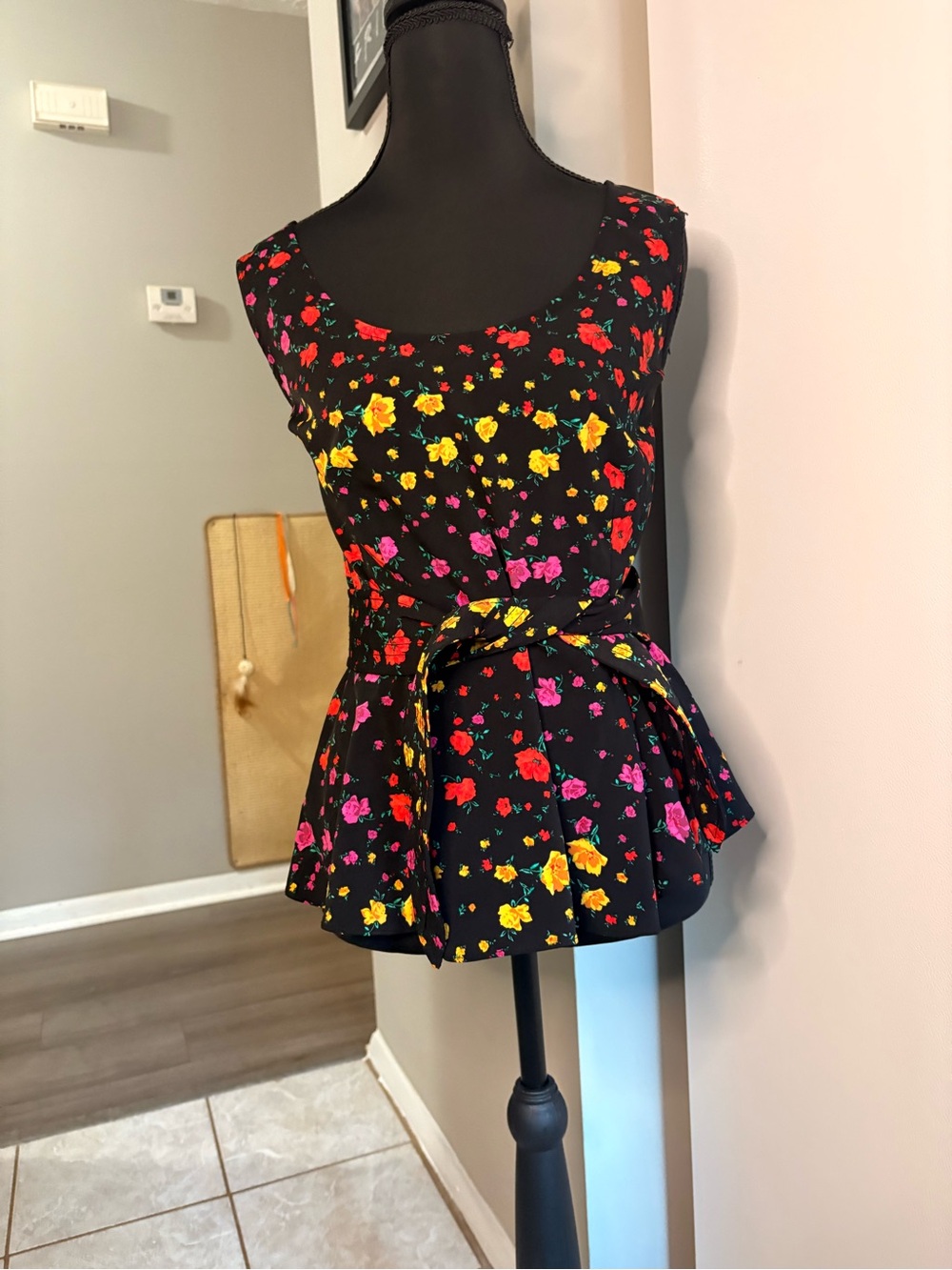 Sleeveless Floral Peplum Top - Black with Red, Yellow & Pink Flowers